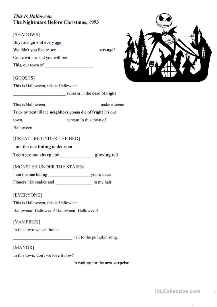 Nightmare Before Christmas Halloween Song Worksheet. Yt Link In intended for Nightmare Before Christmas Worksheet