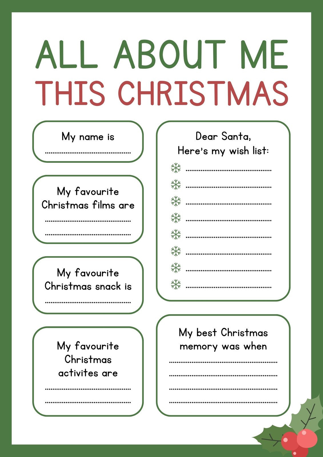 Page 3 - Free And Printable All About Me Worksheet Templates | Canva with regard to All About My Christmas Worksheet