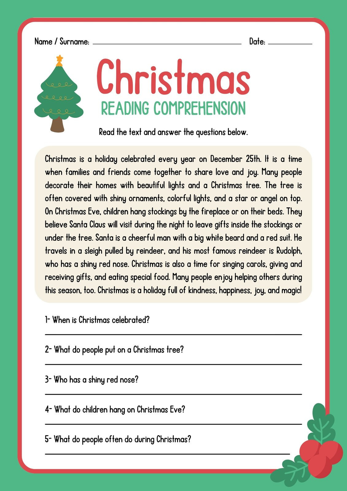 Page 5 - Free, Editable Christmas Worksheet Templates | Canva with 4Th Grade Christmas Reading Comprehension Worksheets