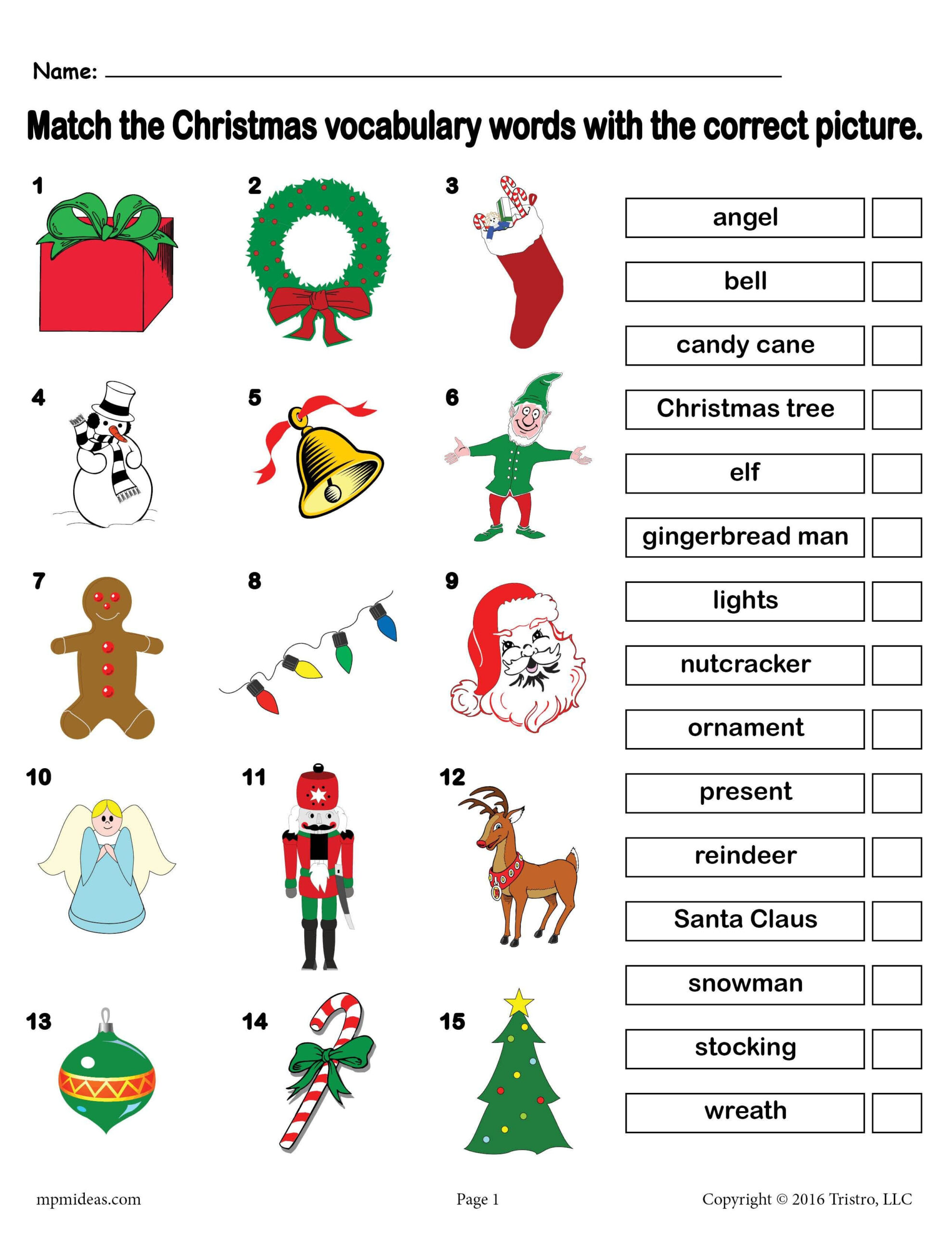 Printable Christmas Vocabulary Matching Worksheet! for Printable Christmas Vocabulary Worksheet