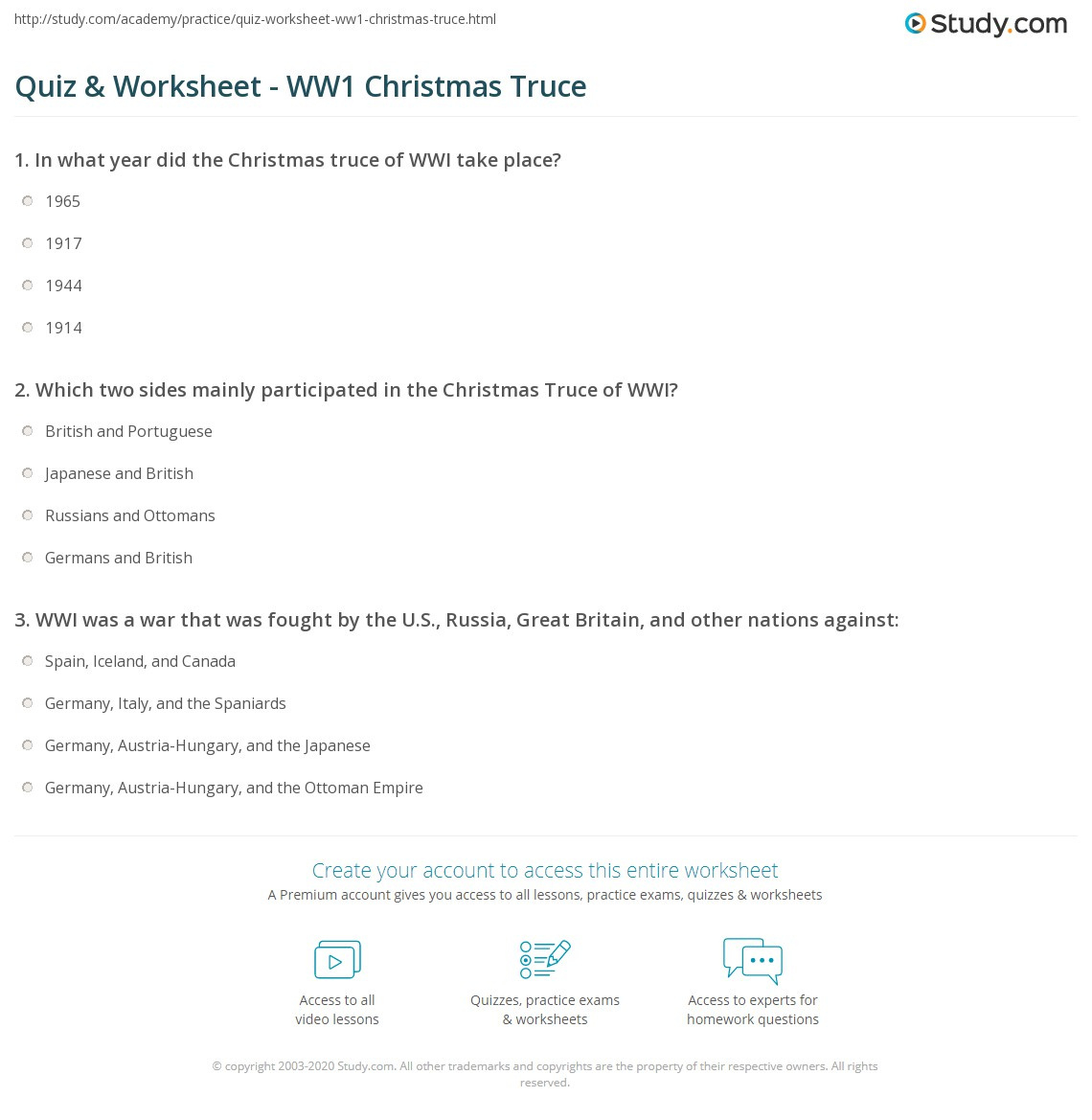 Quiz &amp;amp; Worksheet - Ww1 Christmas Truce | Study for The World War 1 Christmas Truce Worksheet Answer Key