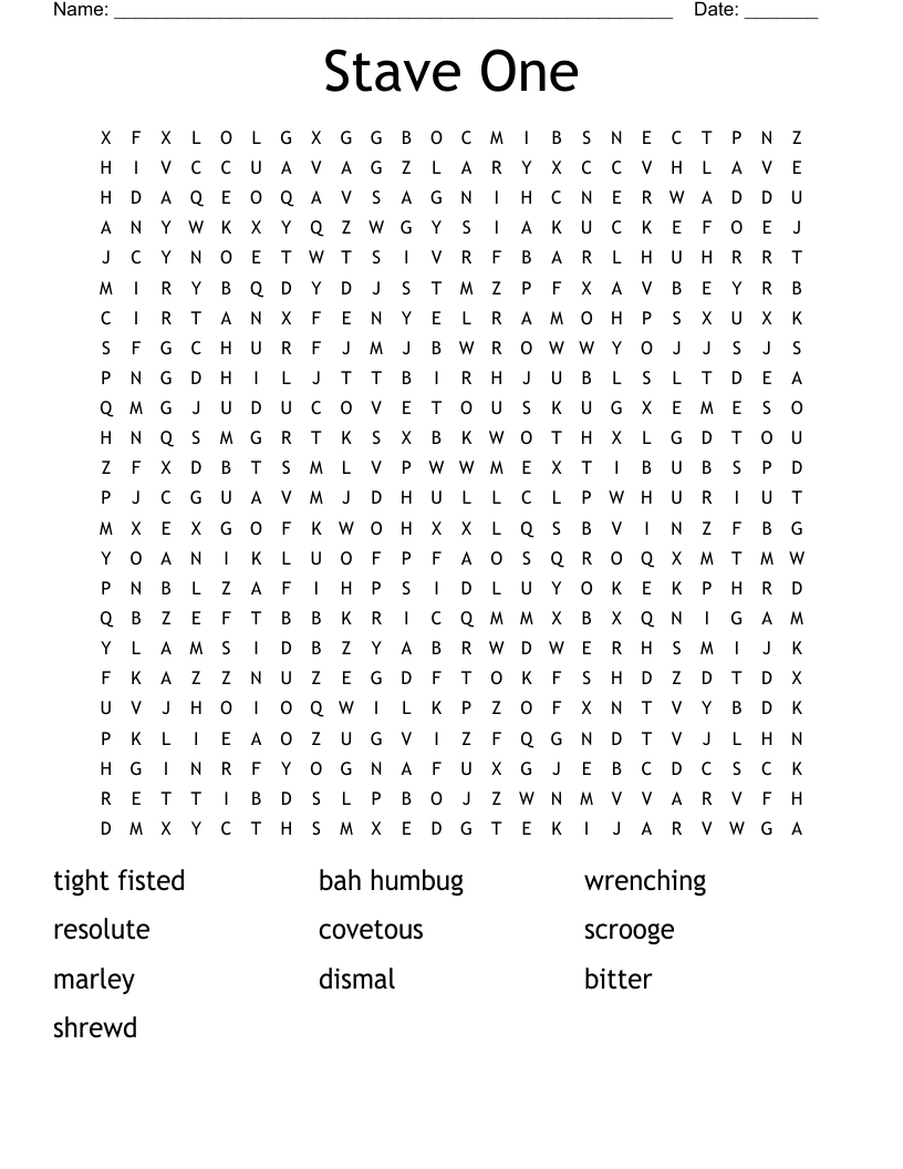 Stave One Word Search - Wordmint throughout A Christmas Carol Vocabulary Stave 1 Worksheet