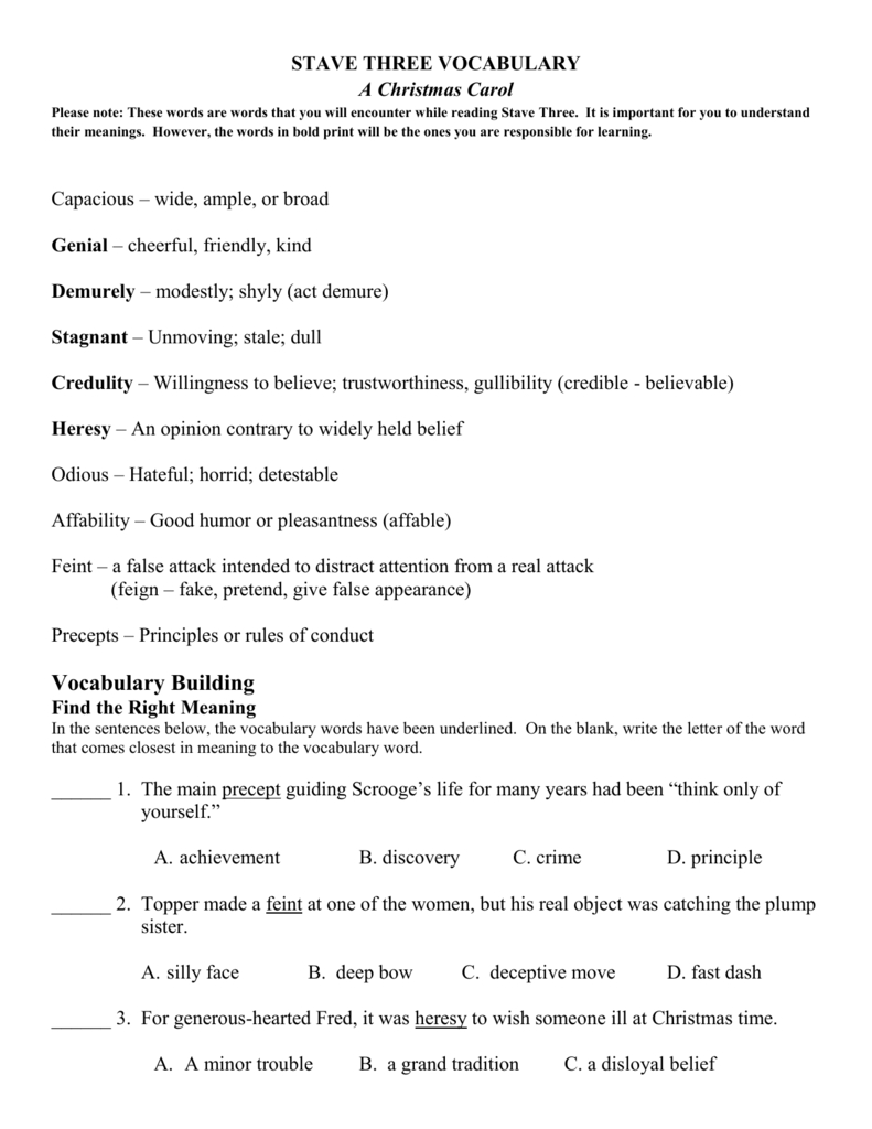 Stave Three Vocabulary A Christmas Carol for A Christmas Carol Stave 3 Worksheet