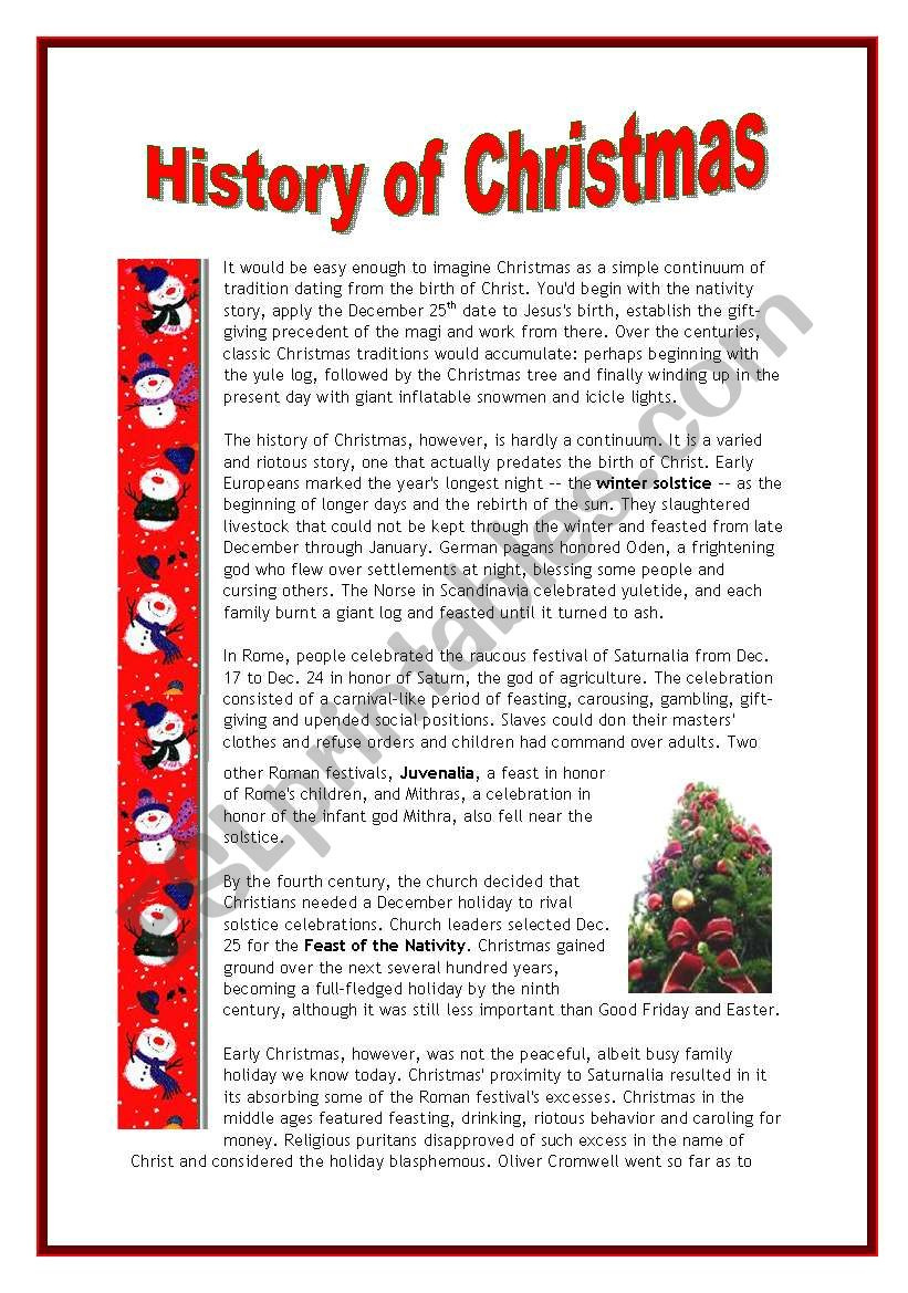 The History Of Christmas - 4 Pages - Esl Worksheetmarsala within History Of Christmas Worksheet