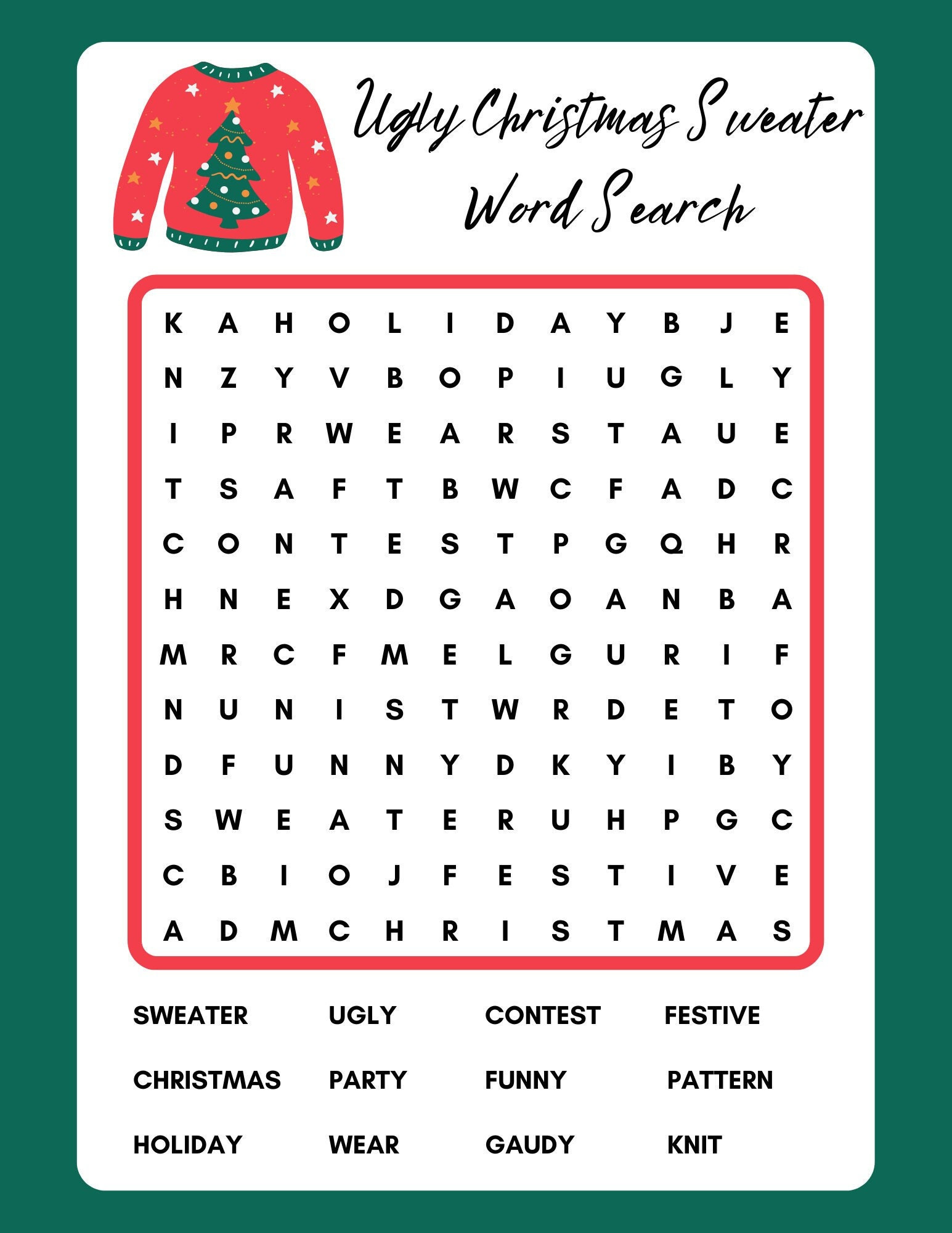 Ugly Sweater Word Search, Printable, Instant Download, Pdf - Etsy for Ugly Christmas Sweater Worksheet Answers