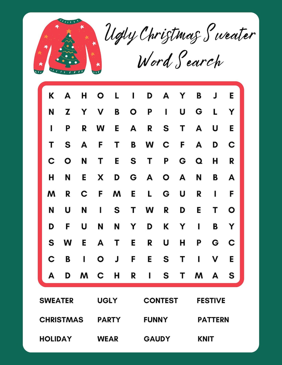 Ugly Sweater Word Search, Printable, Instant Download, Pdf - Etsy inside Ugly Christmas Sweater Beyond The Worksheet Answers