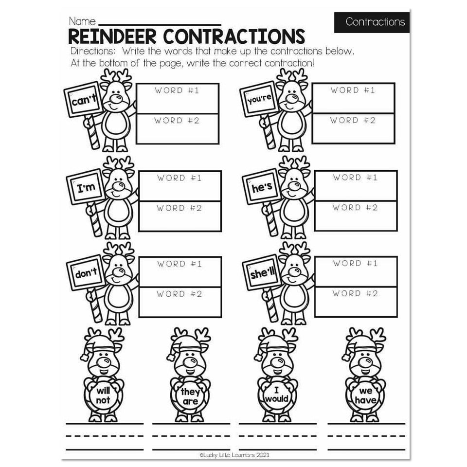 Winter- Early Finishers 2Nd Grade - Ela - Contractions - Reindeer intended for Christmas Contractions Worksheets