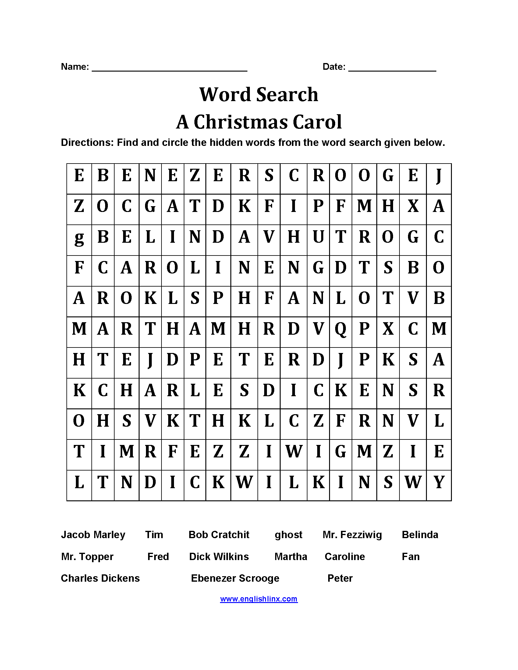 Word Search Worksheets | Christmas Carol Word Search Worksheets for A Christmas Carol Vocabulary Worksheet