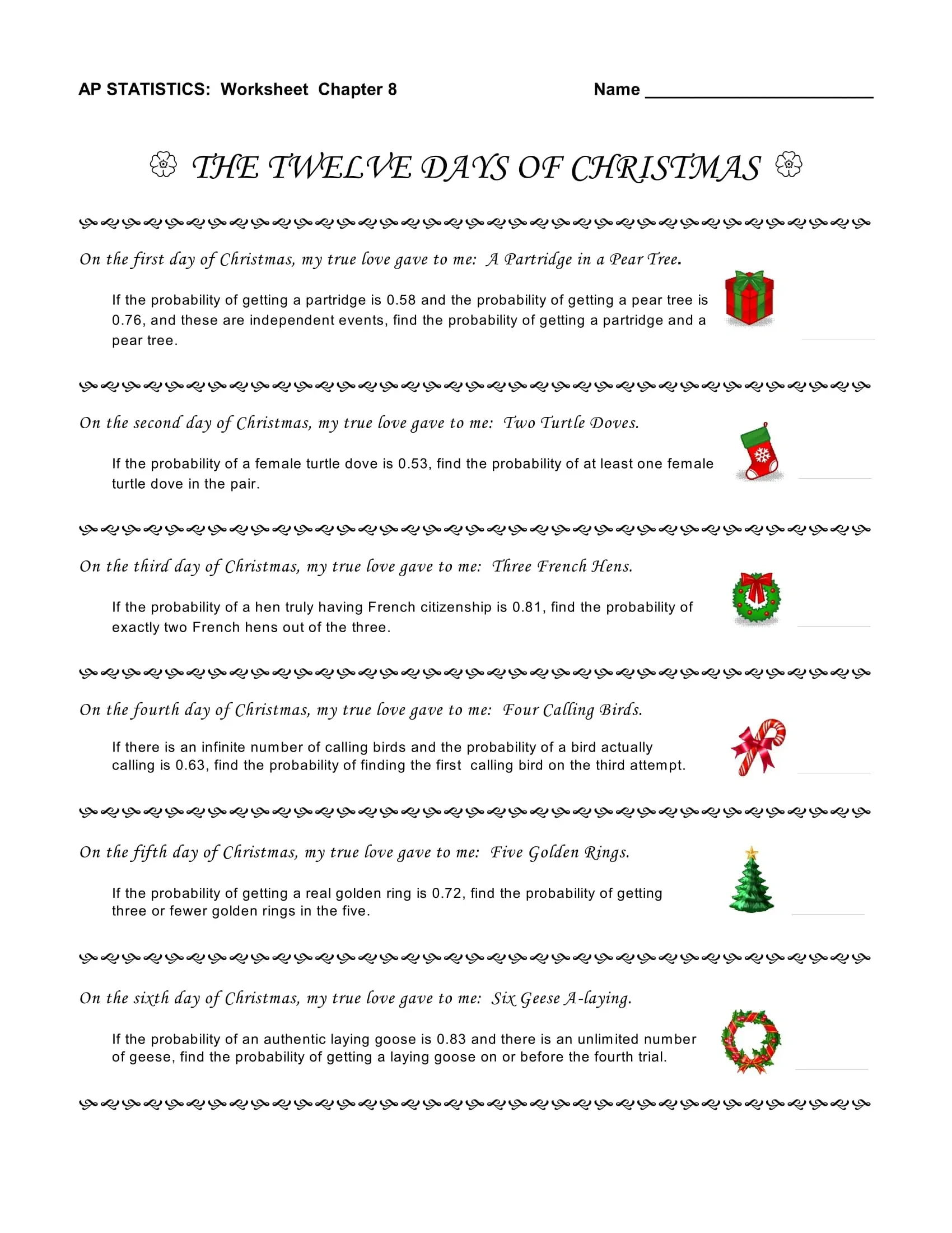 Worksheets And Assignments with regard to 12 Days of Christmas Statistics Worksheet