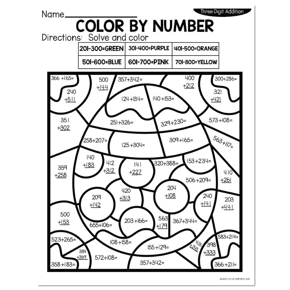 3-Digit Addition Spring Colornumber - Easter Egg - Lucky with Easter Adding Worksheets