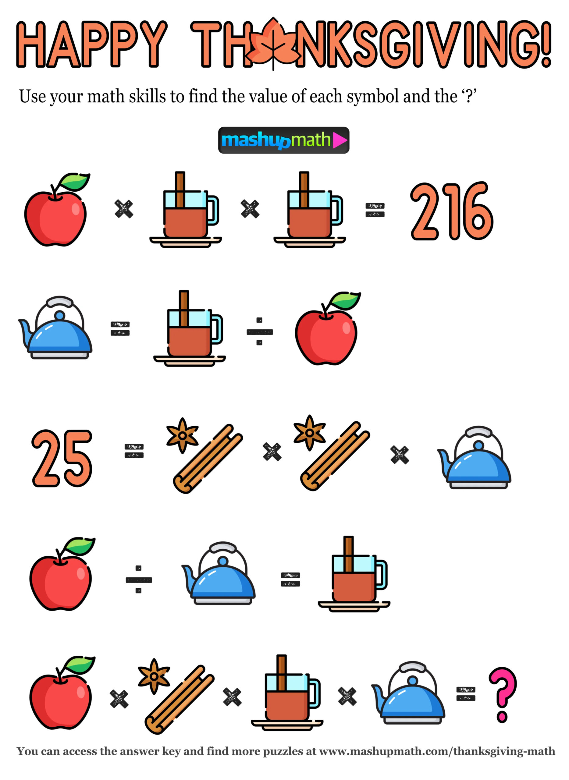 12 Thanksgiving Math Activities For Grades 1-8 — Mashup Math pertaining to Thanksgiving Riddles Math Worksheet Answers