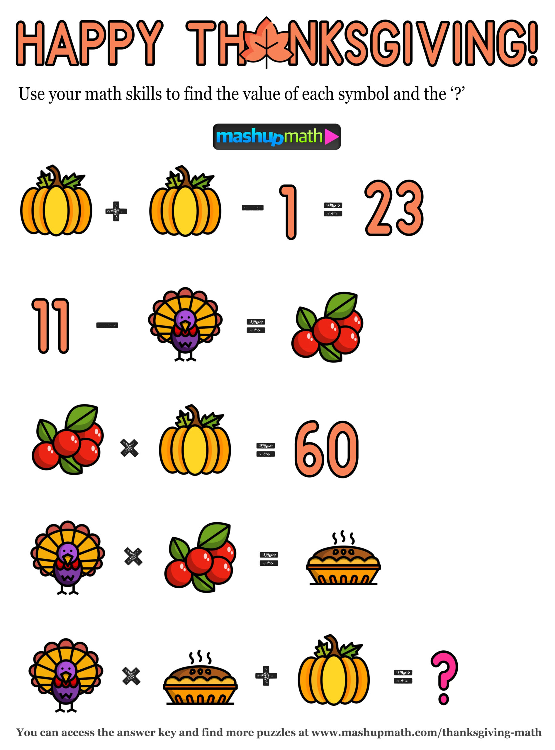 12 Thanksgiving Math Activities For Grades 1-8 — Mashup Math with regard to Algebra 2 Thanksgiving Worksheets