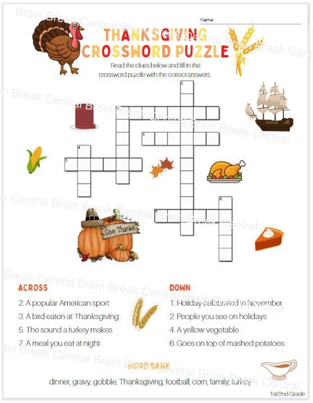 1St Grade Thanksgiving Crossword Puzzle With Word Bank And Answer with Thanksgiving Crossword Puzzle Worksheet Answer Key