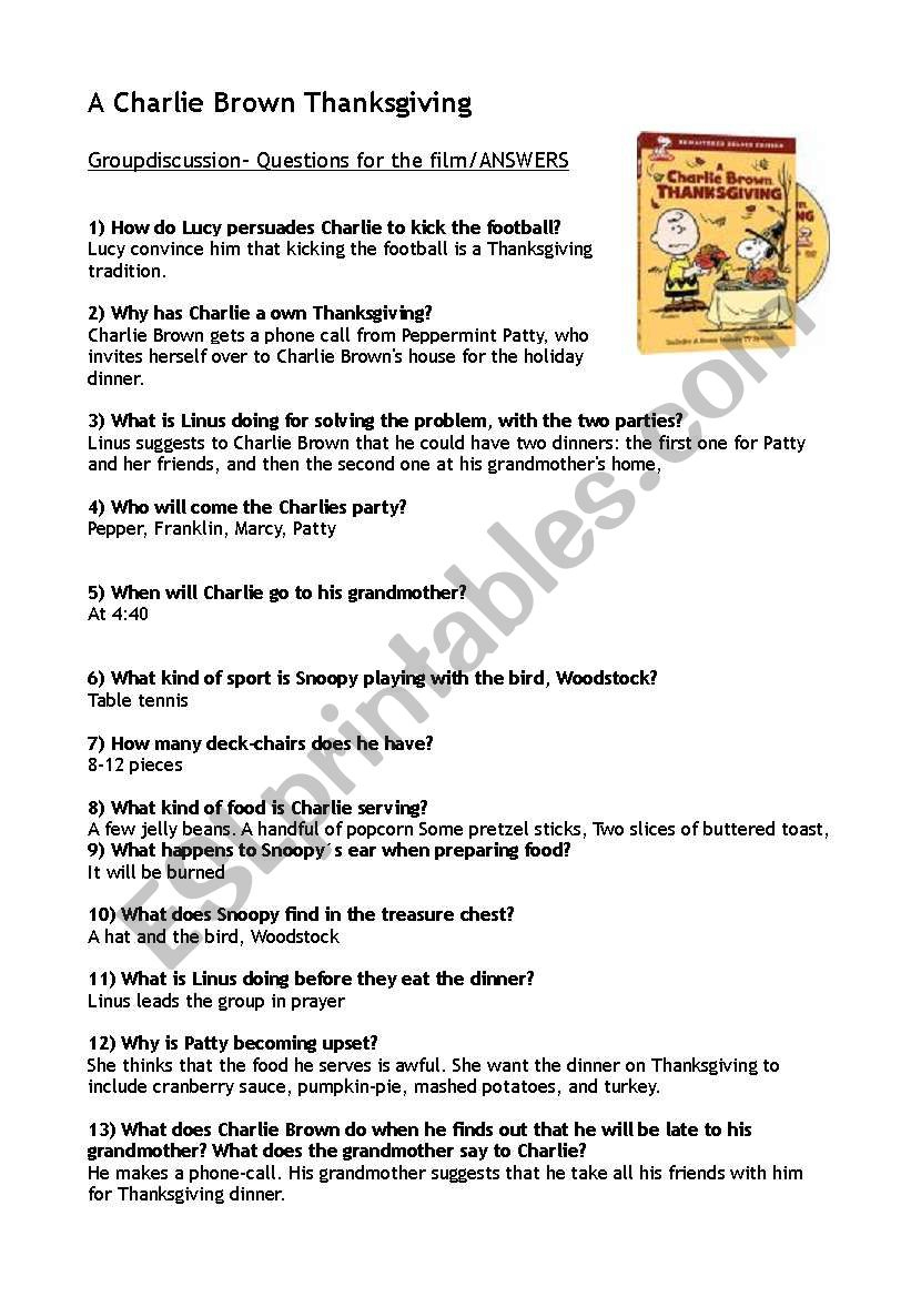 A Charlie Brown Thanksgiving- Answers - Esl Worksheetstella_Mater throughout A Charlie Brown Thanksgiving Worksheet