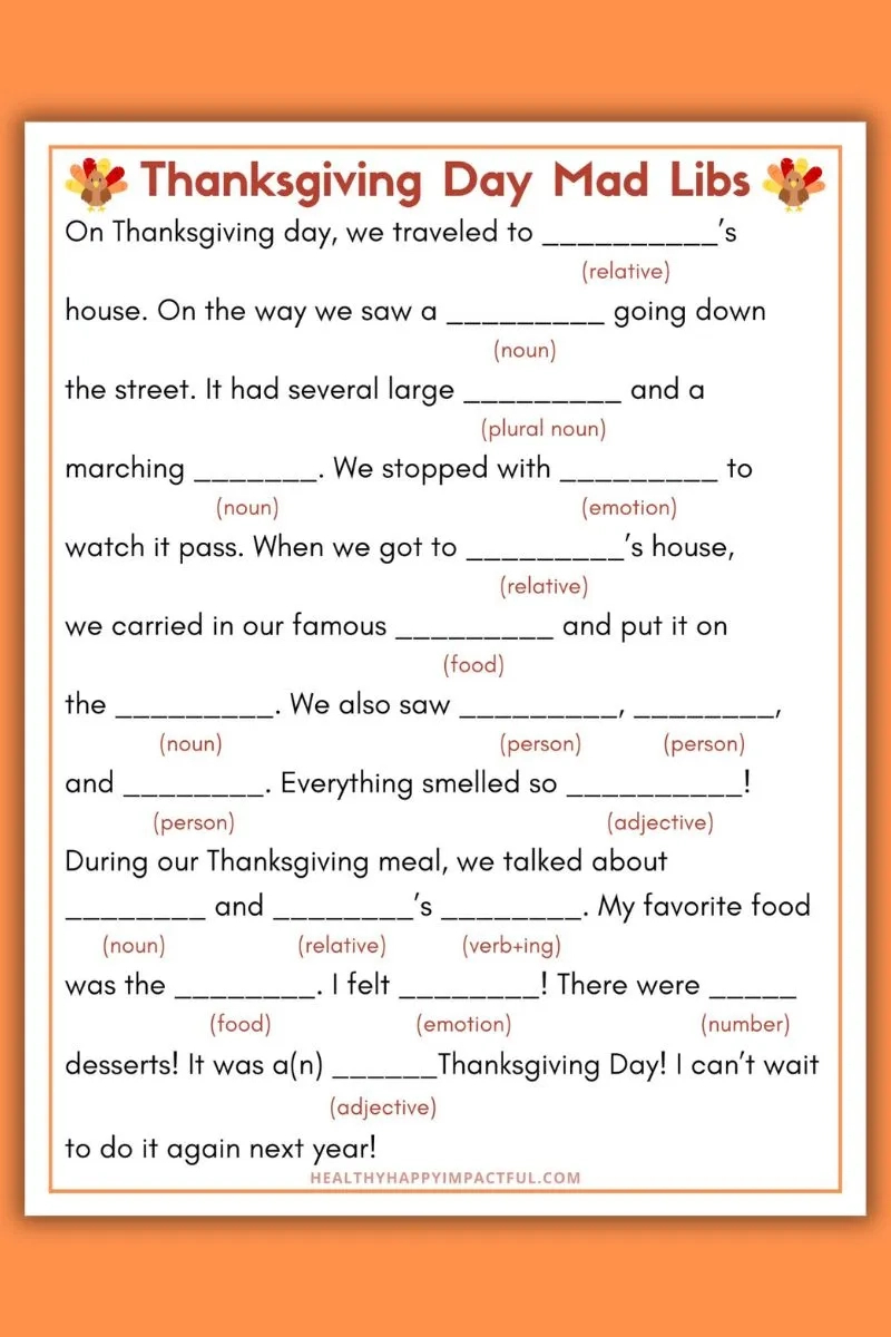 Best Thanksgiving Mad Libs Free Printable (Use It This Year!) pertaining to Thanksgiving Mad Libs Worksheets