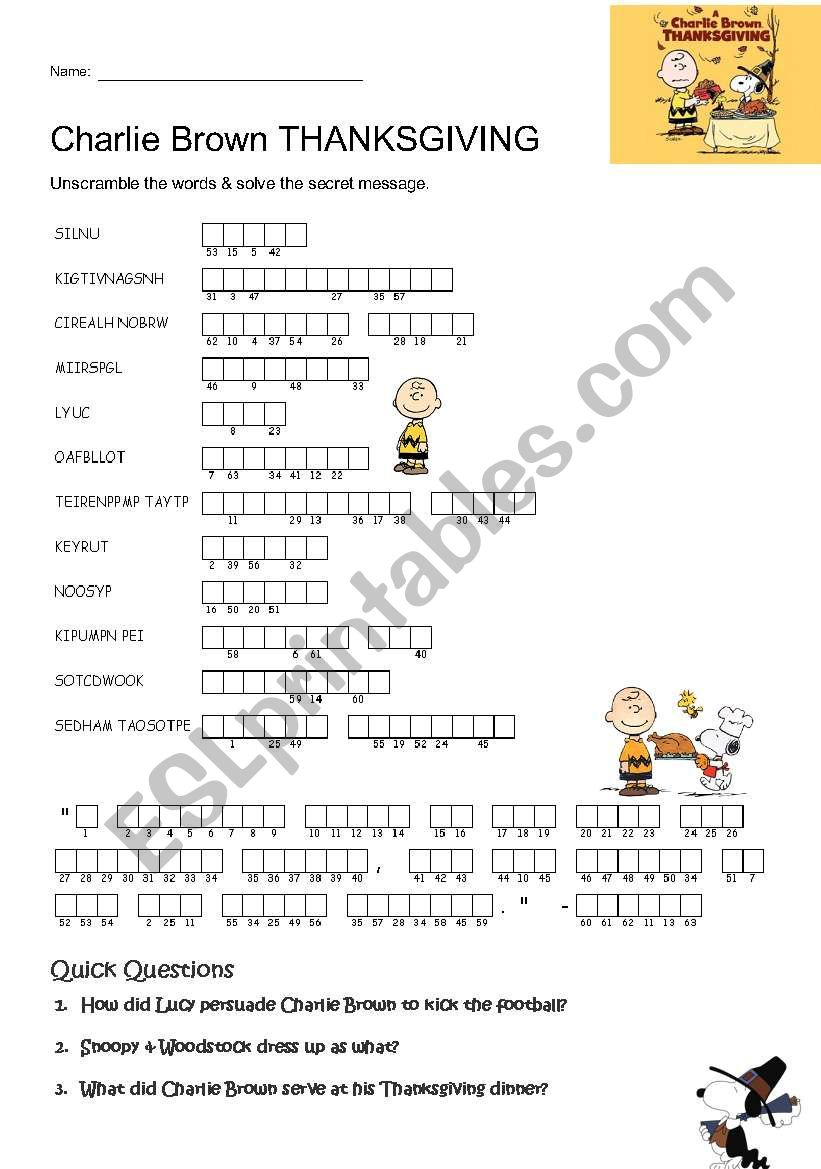 Charlie Brown Thanksgiving - Esl Worksheetgaijin101 with regard to Charlie Brown Thanksgiving Worksheet