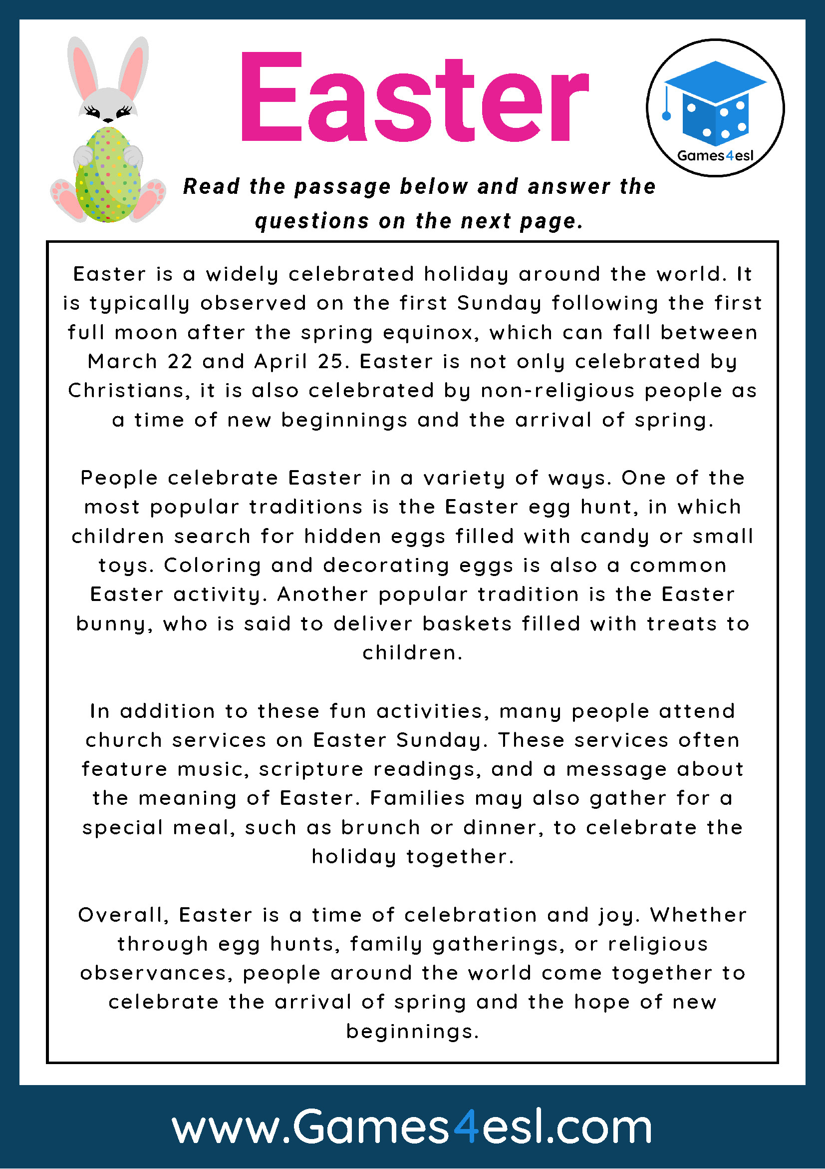 Easter - Reading Comprehension Worksheet | Games4Esl - Worksheets throughout Free Easter Reading Comprehension Worksheets