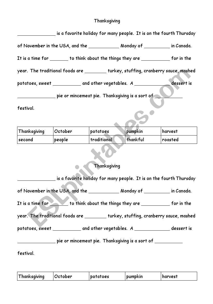 English Worksheets: Thanksgiving Cloze with regard to Thanksgiving Cloze Worksheets