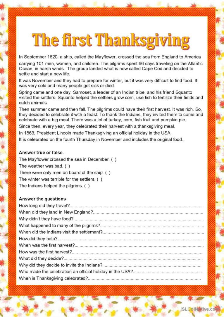 First Thanksgiving Reading For Detai…: English Esl Worksheets Pdf with First Thanksgiving Reading Comprehension Worksheet