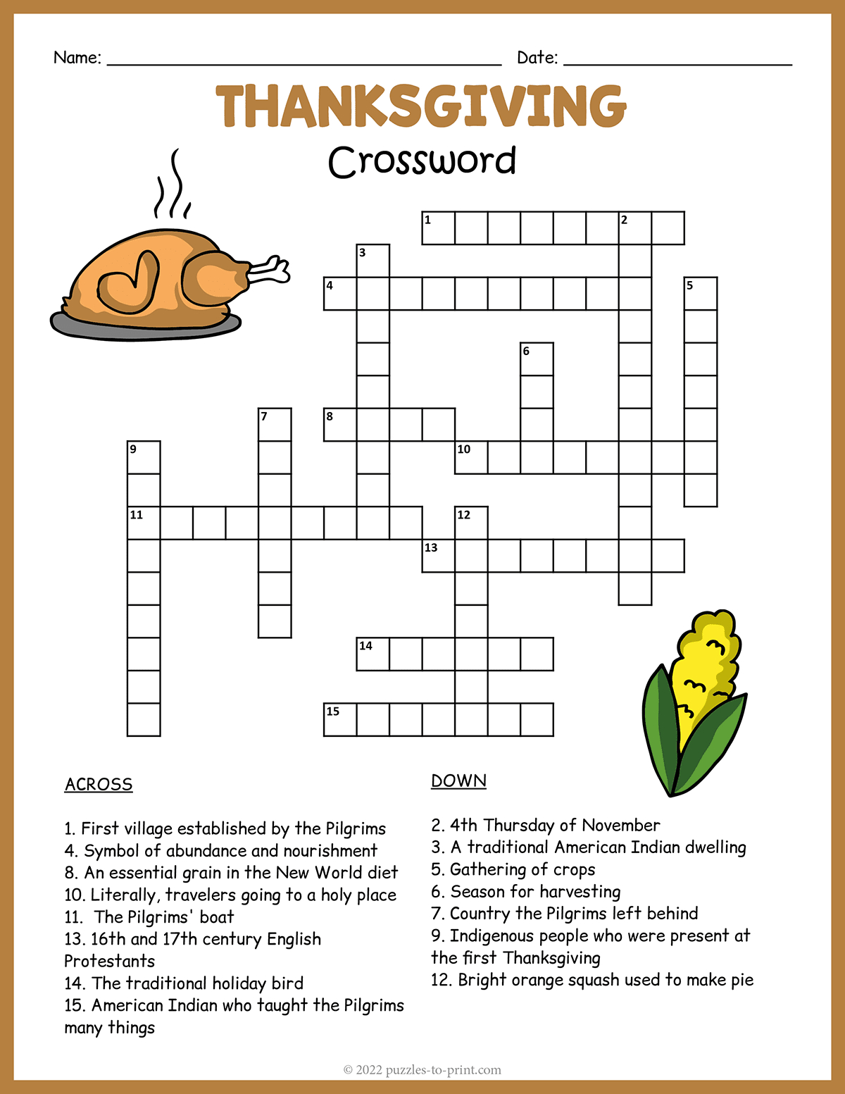 Free Printable Thanksgiving Crossword throughout Thanksgiving Crossword Puzzle Worksheet