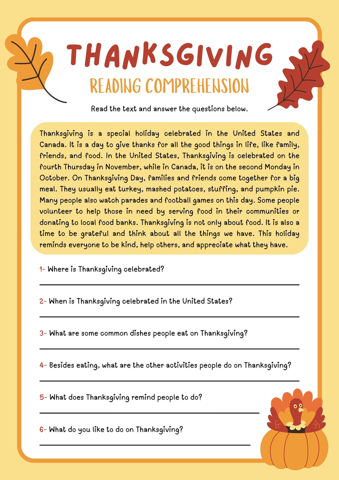 Free Printable Thanksgiving Worksheet Templates | Canva for Thanksgiving Comprehension Worksheets