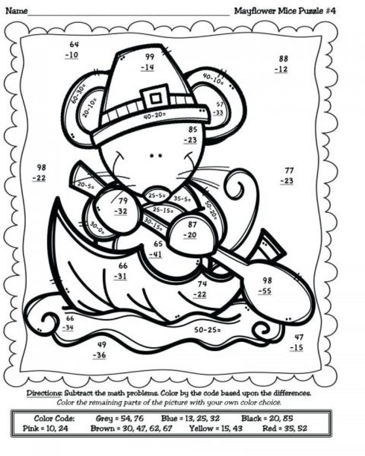 Free Subtraction Coloring Worksheets For Second Grade - Worksheet intended for Thanksgiving Subtraction With Regrouping Worksheets