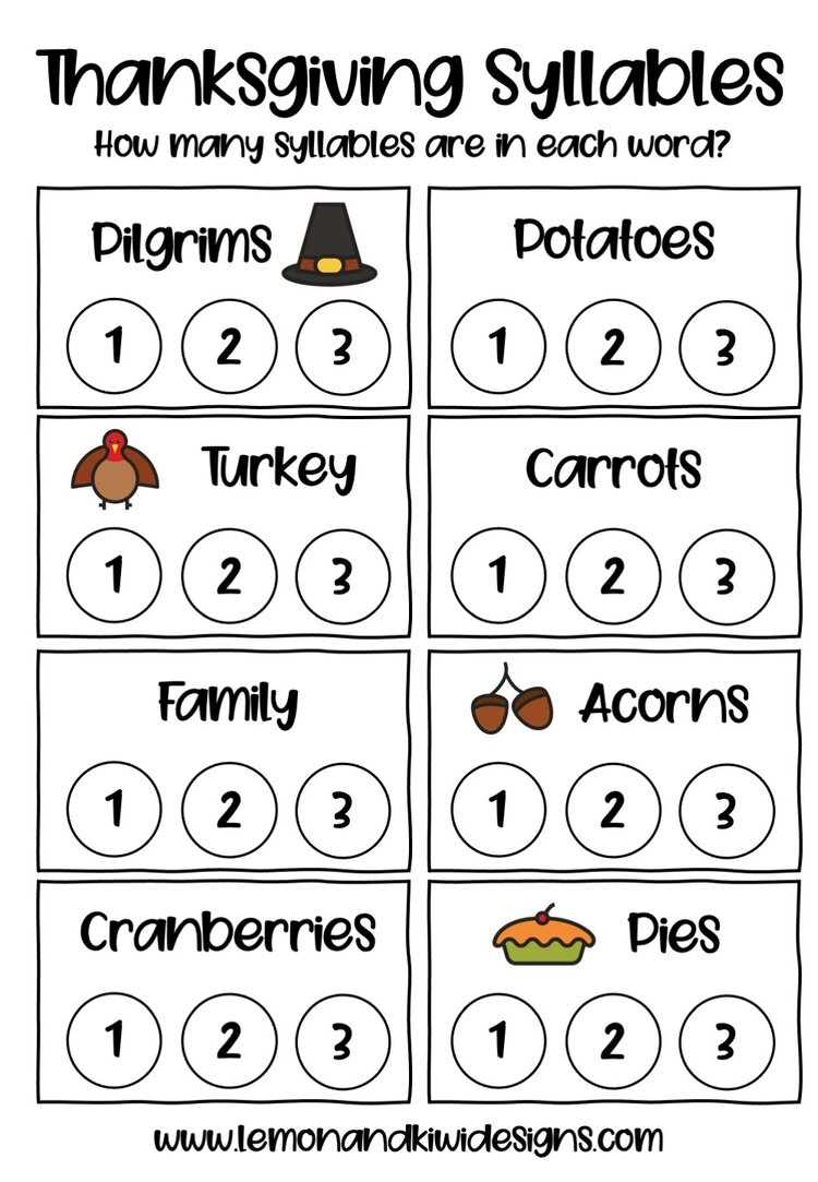 Free Thanksgiving Literacy Printables - Lemon And Kiwi Designs regarding Thanksgiving Syllable Worksheets