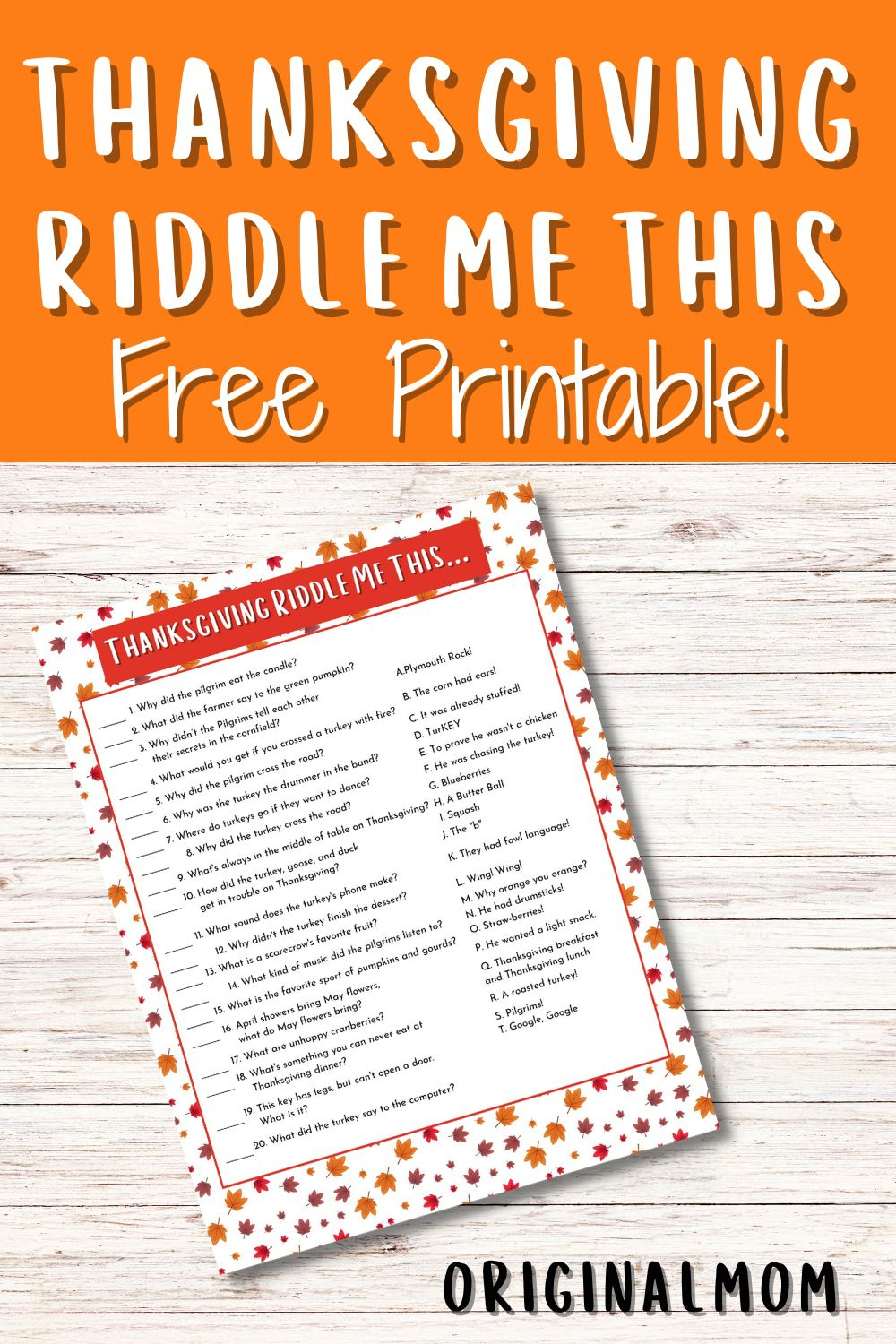 Fun Thanksgiving Riddle Me This Free Printable - Originalmom pertaining to Thanksgiving Riddle Worksheet