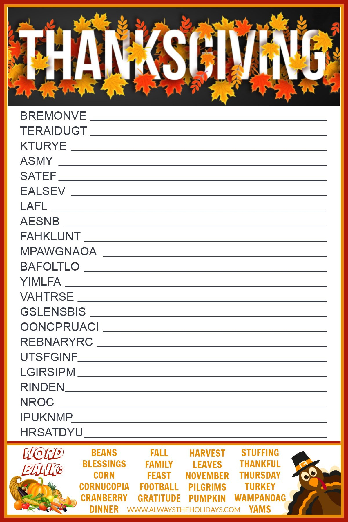 Get A Free Printable Thanksgiving Word Scramble With Answers intended for Thanksgiving Word Scramble Worksheet