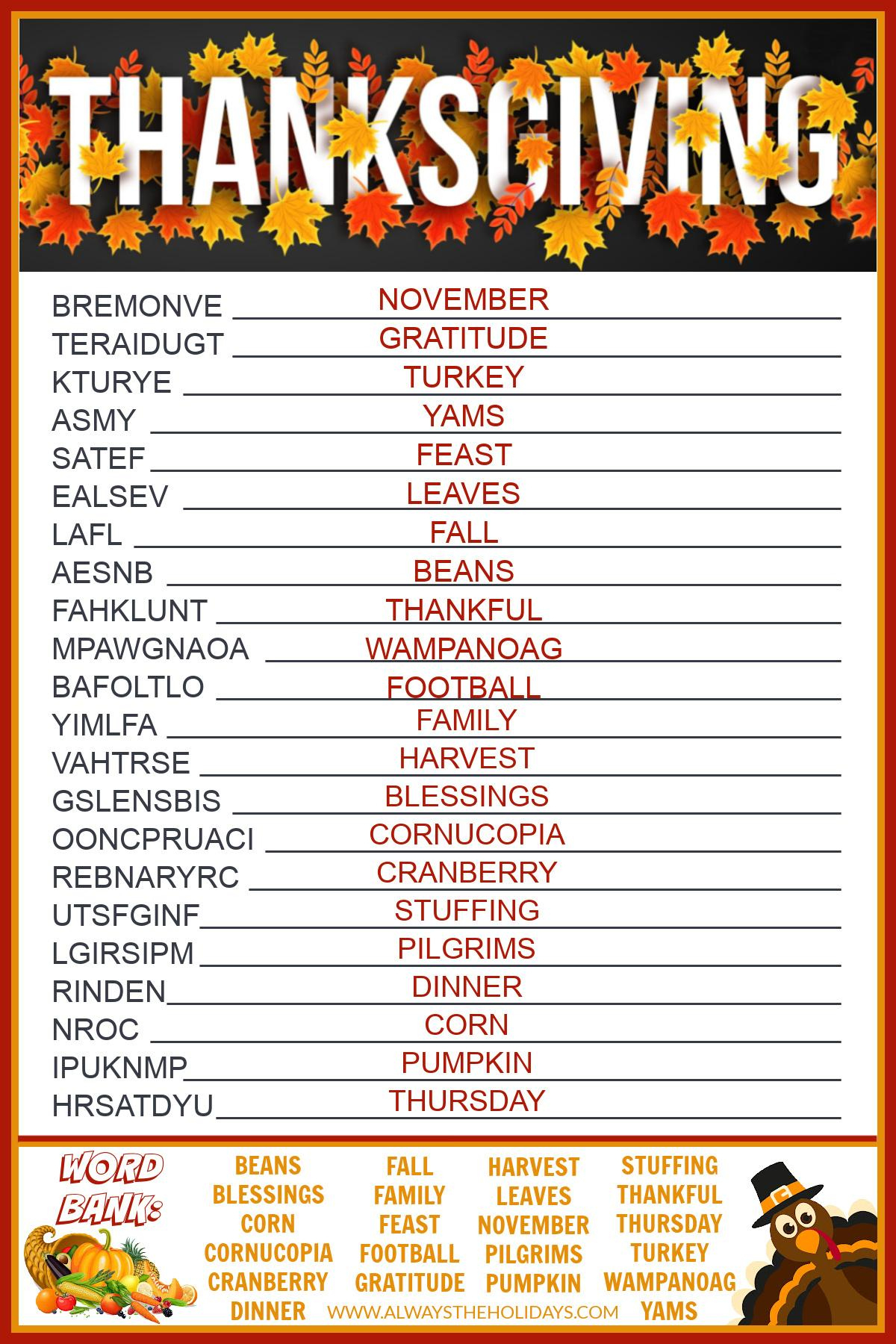 Get A Free Printable Thanksgiving Word Scramble With Answers regarding Thanksgiving Word Scramble Worksheet Answers