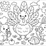 Happy Turkey And His Autumn Friends   Thanksgiving Coloring Pages With Coloring Worksheets For Thanksgiving
