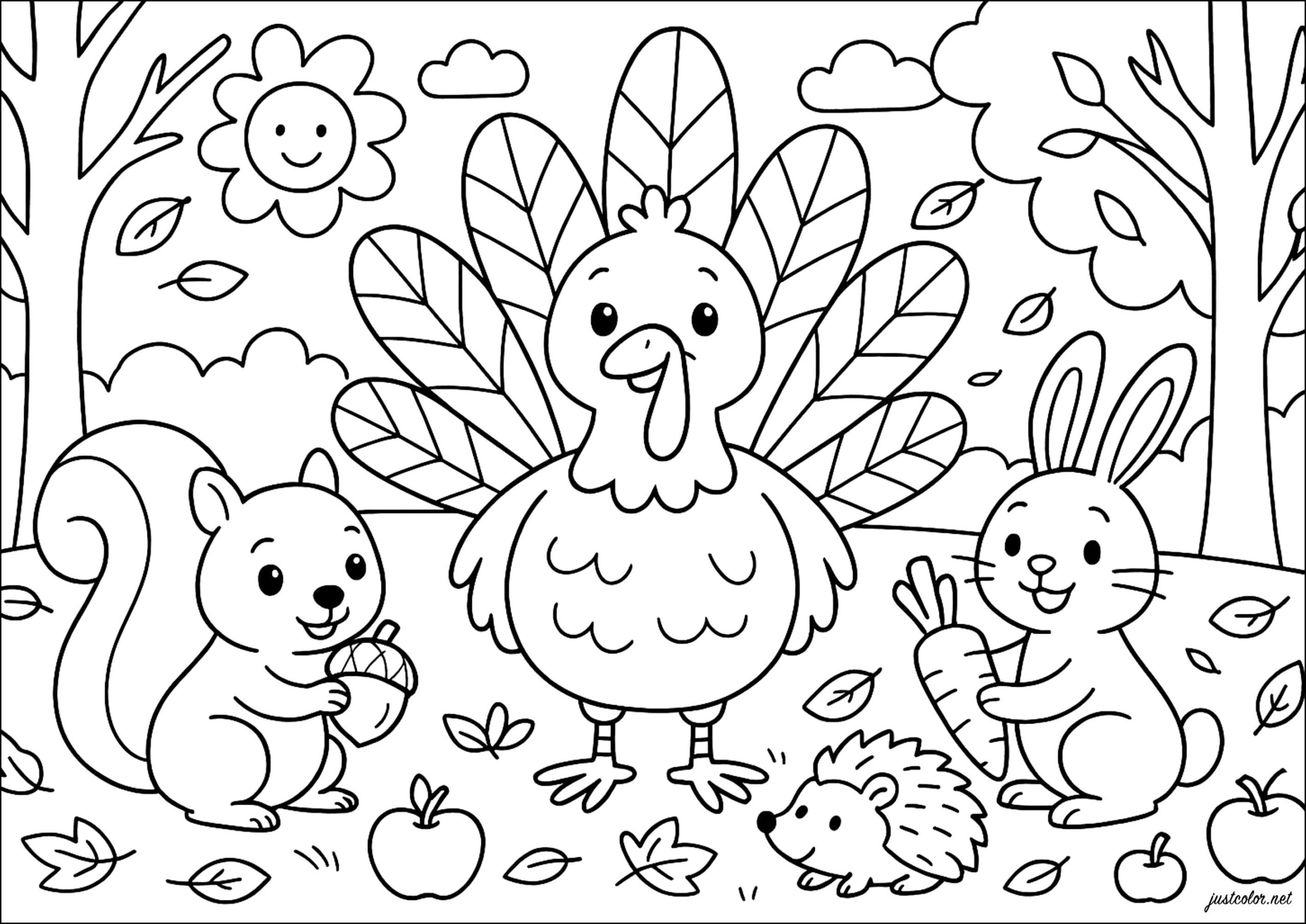 Happy Turkey And His Autumn Friends - Thanksgiving Coloring Pages with Coloring Worksheets For Thanksgiving
