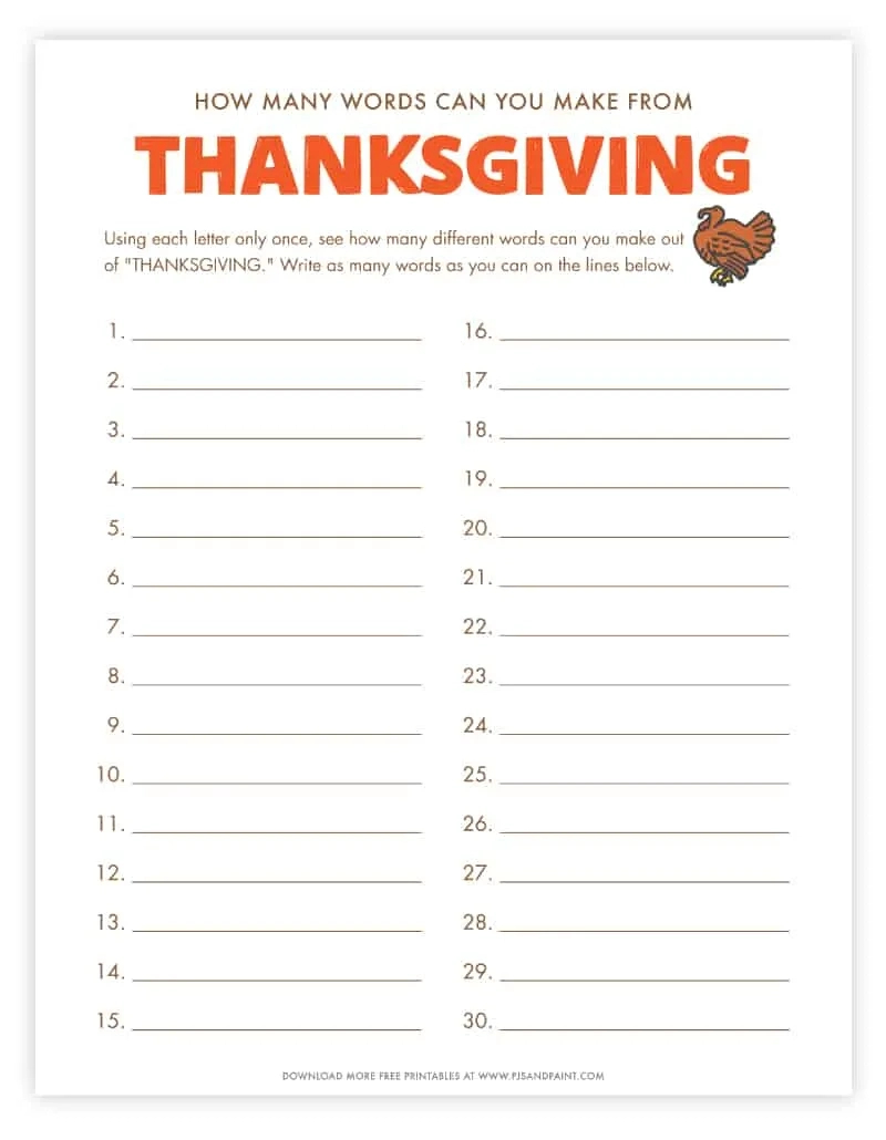 How Many Words Can You Make Out Of Thanksgiving - Free Printable in How Many Words Can You Make From Thanksgiving Worksheet