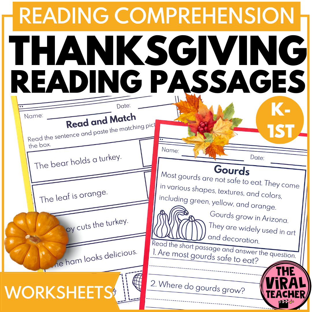 Kindergarten Thanksgiving Reading Passages + Comprehension inside Kindergarten Thanksgiving Reading Worksheets