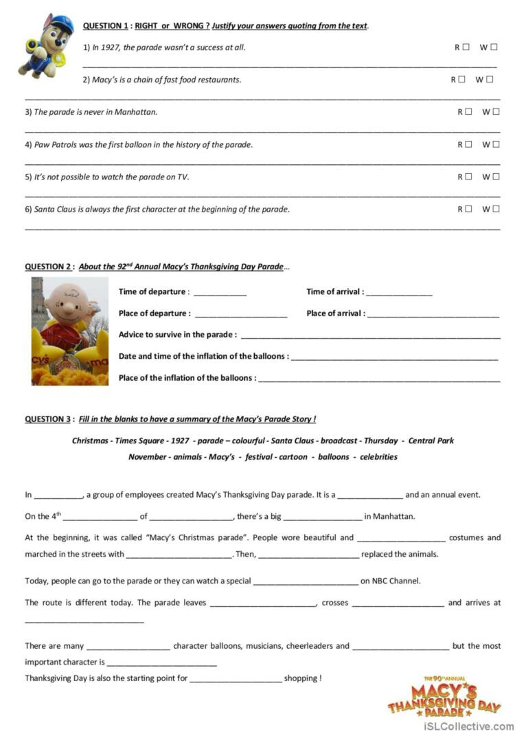 Macy&amp;#039;S Thanksgiving Day Parade: English Esl Worksheets Pdf &amp;amp; Doc with regard to Macy&amp;amp;#039;s Thanksgiving Day Parade Worksheet