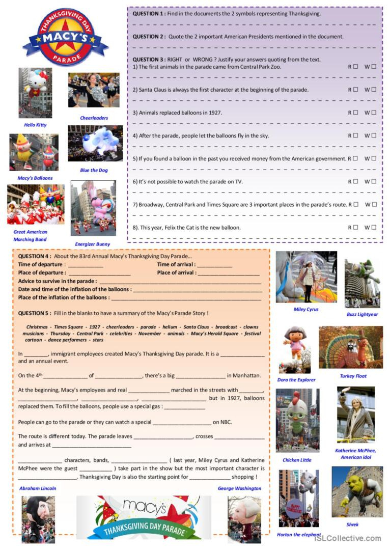 Macy&amp;#039;S Thanksgiving Day Parade Readi…: English Esl Worksheets Pdf intended for Macys Thanksgiving Day Parade Worksheet