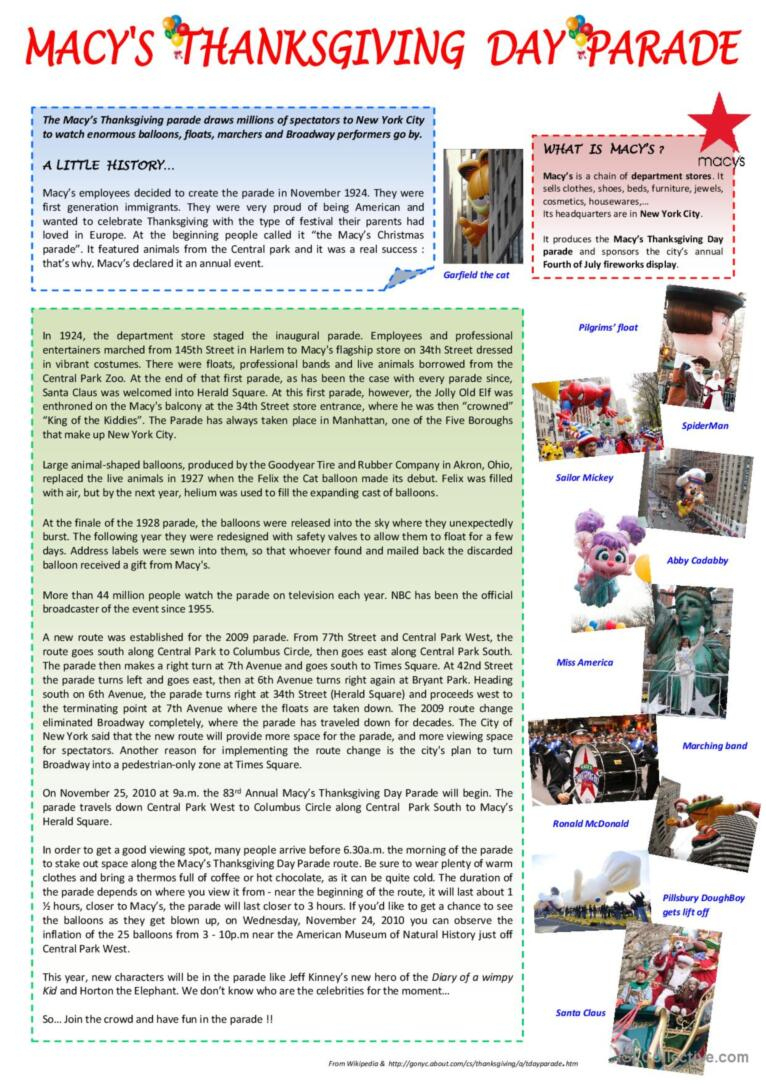 Macy&amp;#039;S Thanksgiving Day Parade Readi…: English Esl Worksheets Pdf regarding Macy&amp;amp;#039;s Thanksgiving Day Parade Worksheet