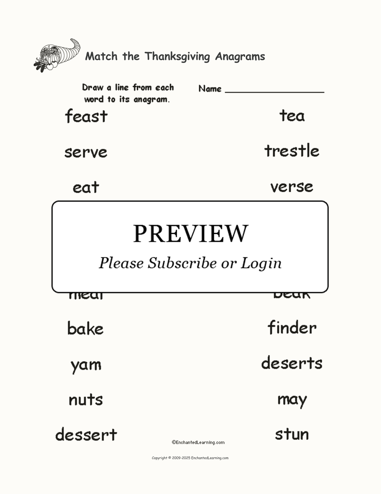Match The Thanksgiving Anagrams - Enchanted Learning with Thanksgiving Anagrams Worksheet