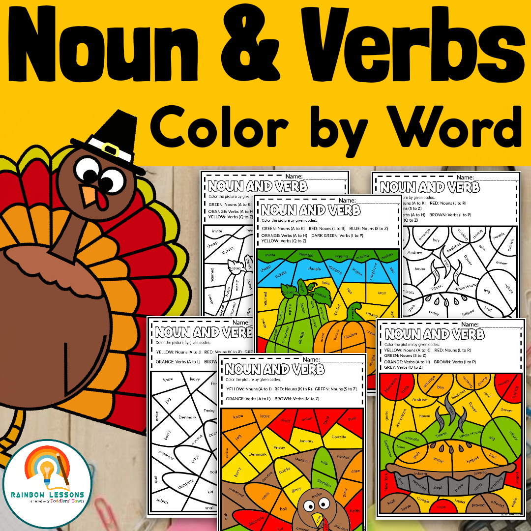 Noun And Verbs Worksheets | Thanksgiving Colorcode within Thanksgiving Verbs Worksheet