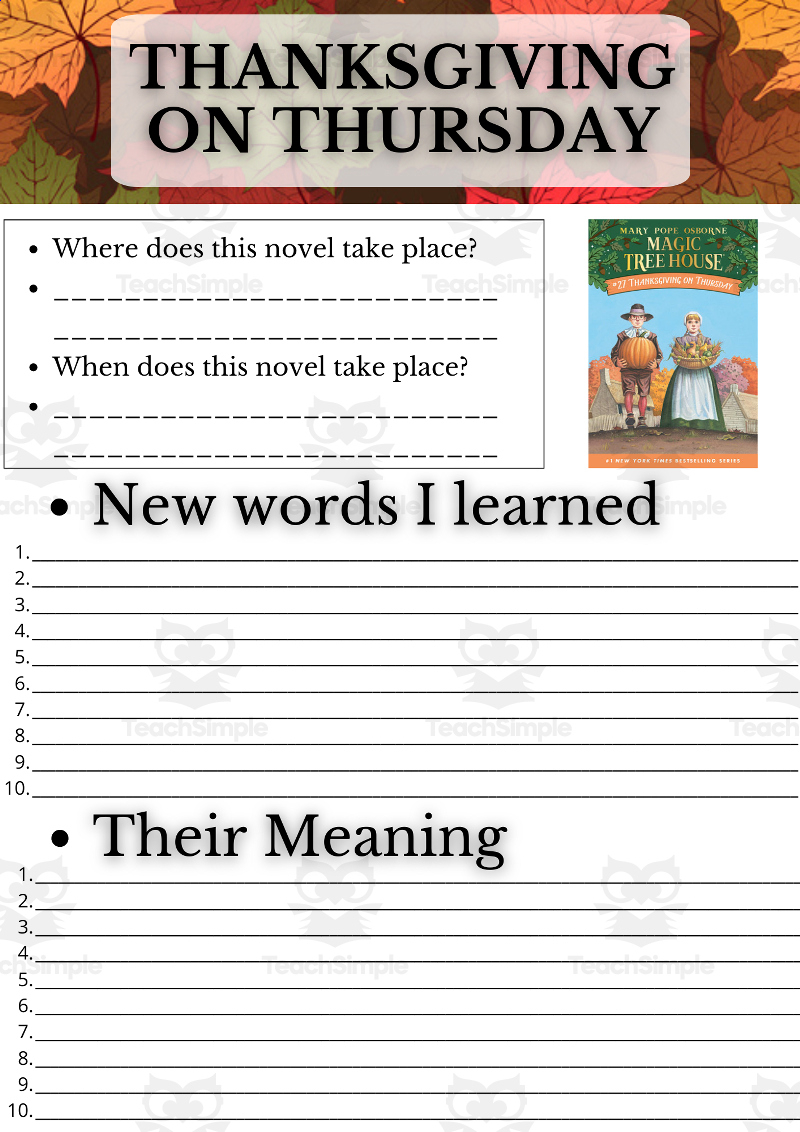Novel Study - Thanksgiving On Thursday - Magic Tree Houseteach with Thanksgiving on Thursday Worksheets