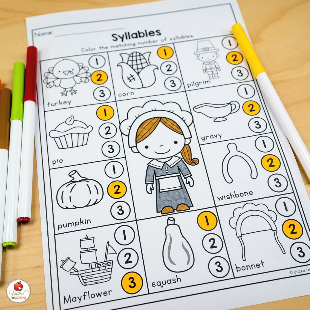 November Worksheets For Kindergarten: Easy To Prep Thanksgiving inside Thanksgiving Syllables Worksheet