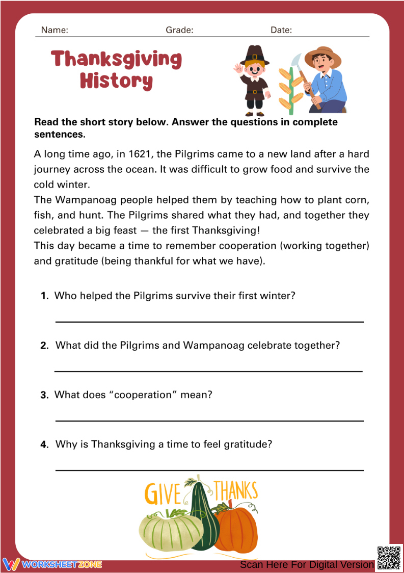 Printable Thanksgiving History Worksheets regarding History of Thanksgiving Reading Comprehension Worksheets