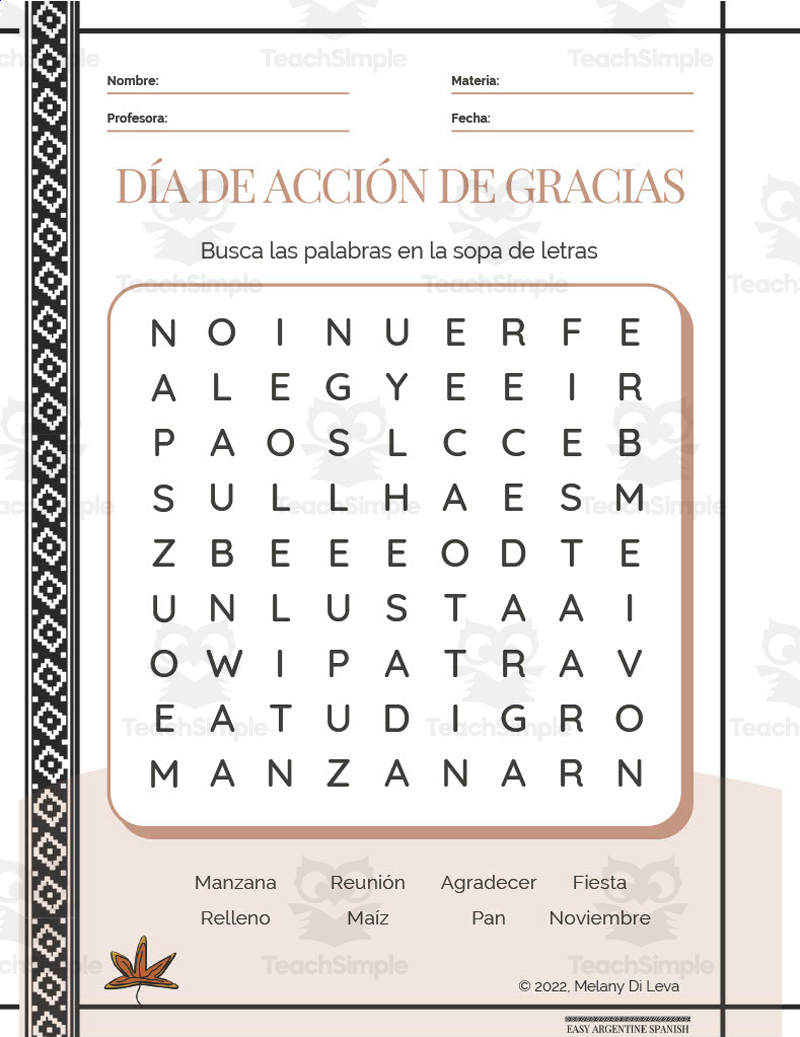 Spanish: Thanksgiving Day Word Search Packet for Thanksgiving in Spanish Worksheets