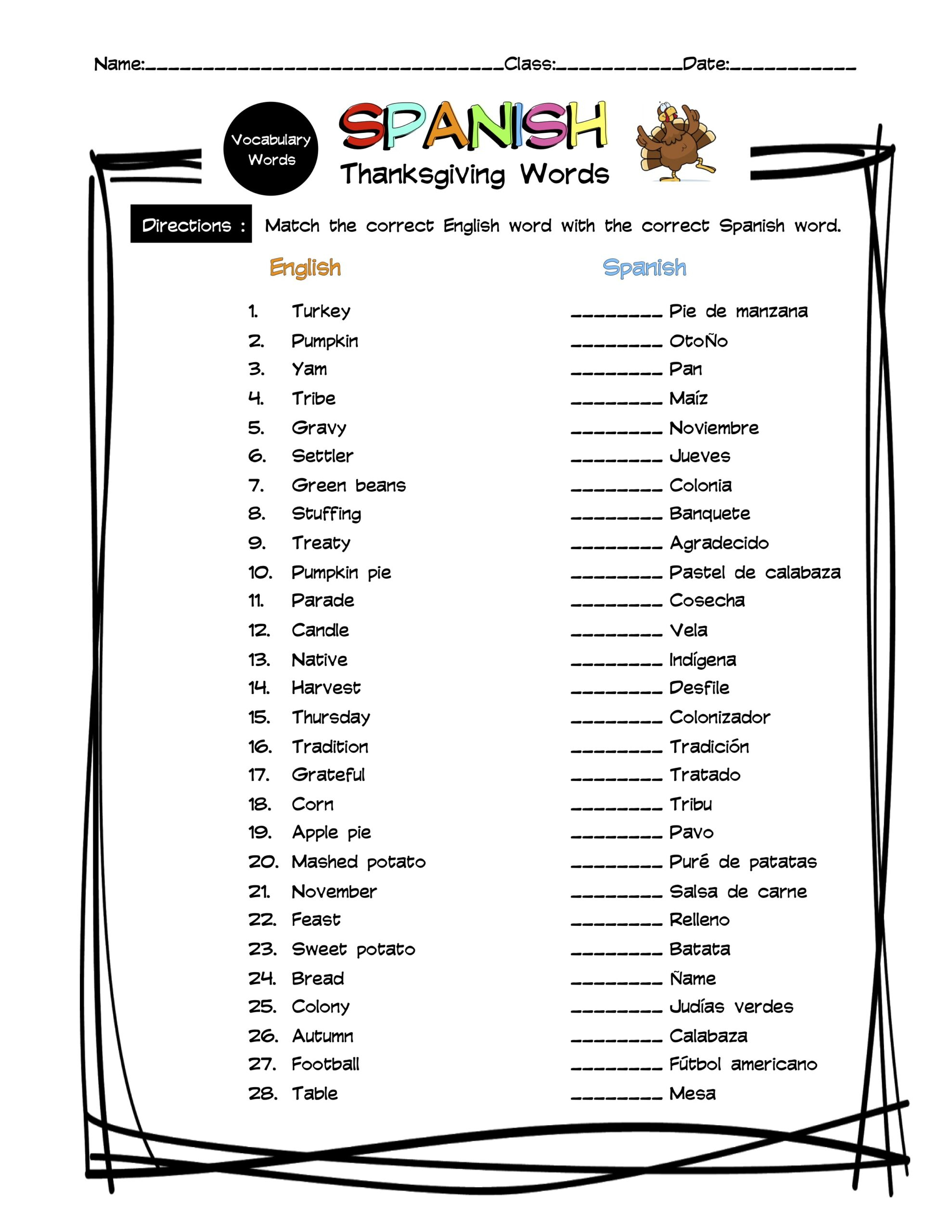 Spanish Thanksgiving Vocabulary Matching Worksheet &amp;amp; Answer Key inside Spanish Thanksgiving Worksheets