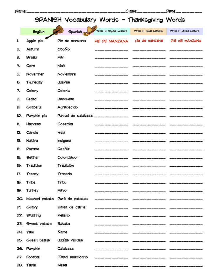 Spanish Worksheets For Thanksgiving Spanish Worksheets For Thanksgiving