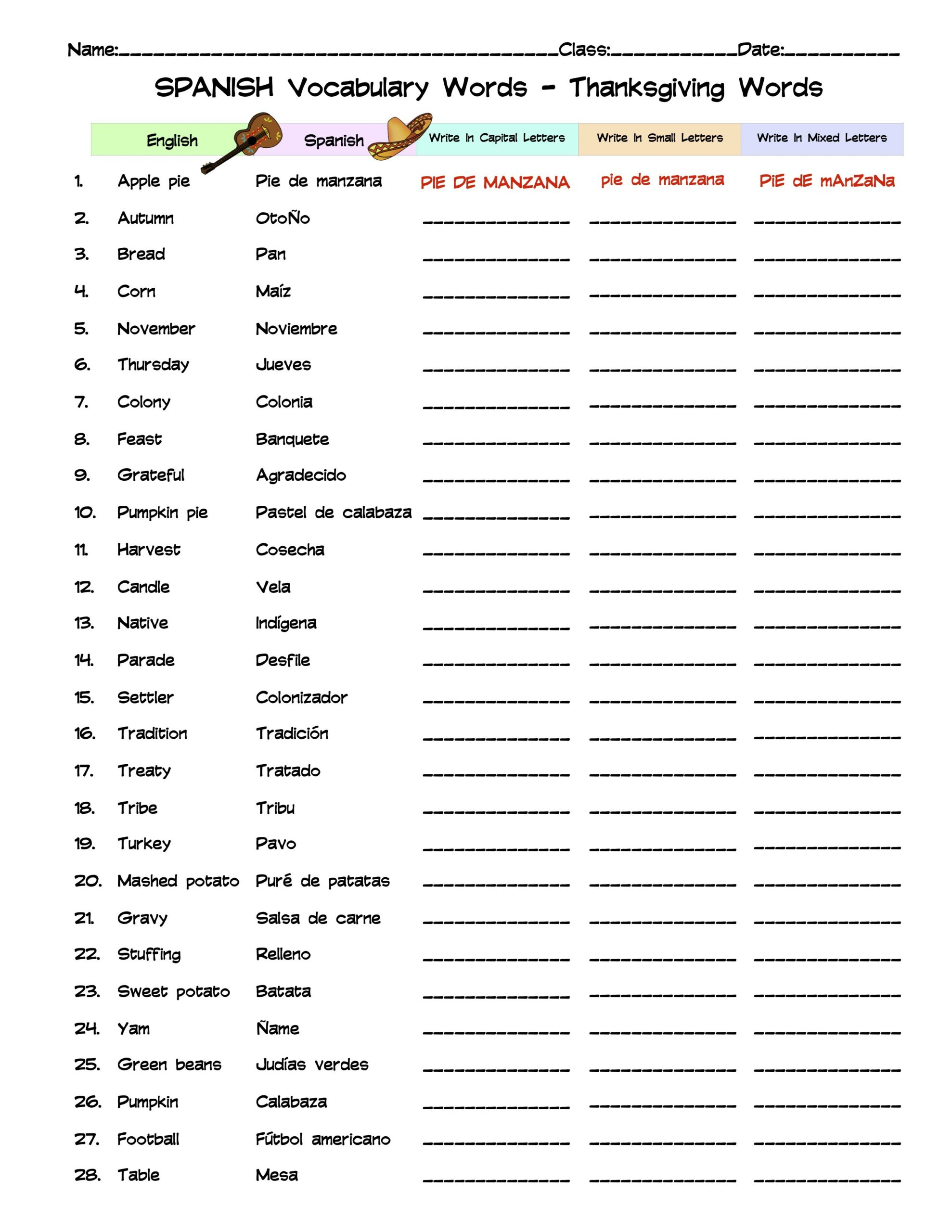 Spanish Thanksgiving Vocabulary Word List Column Worksheet | Made within Thanksgiving Worksheets In Spanish