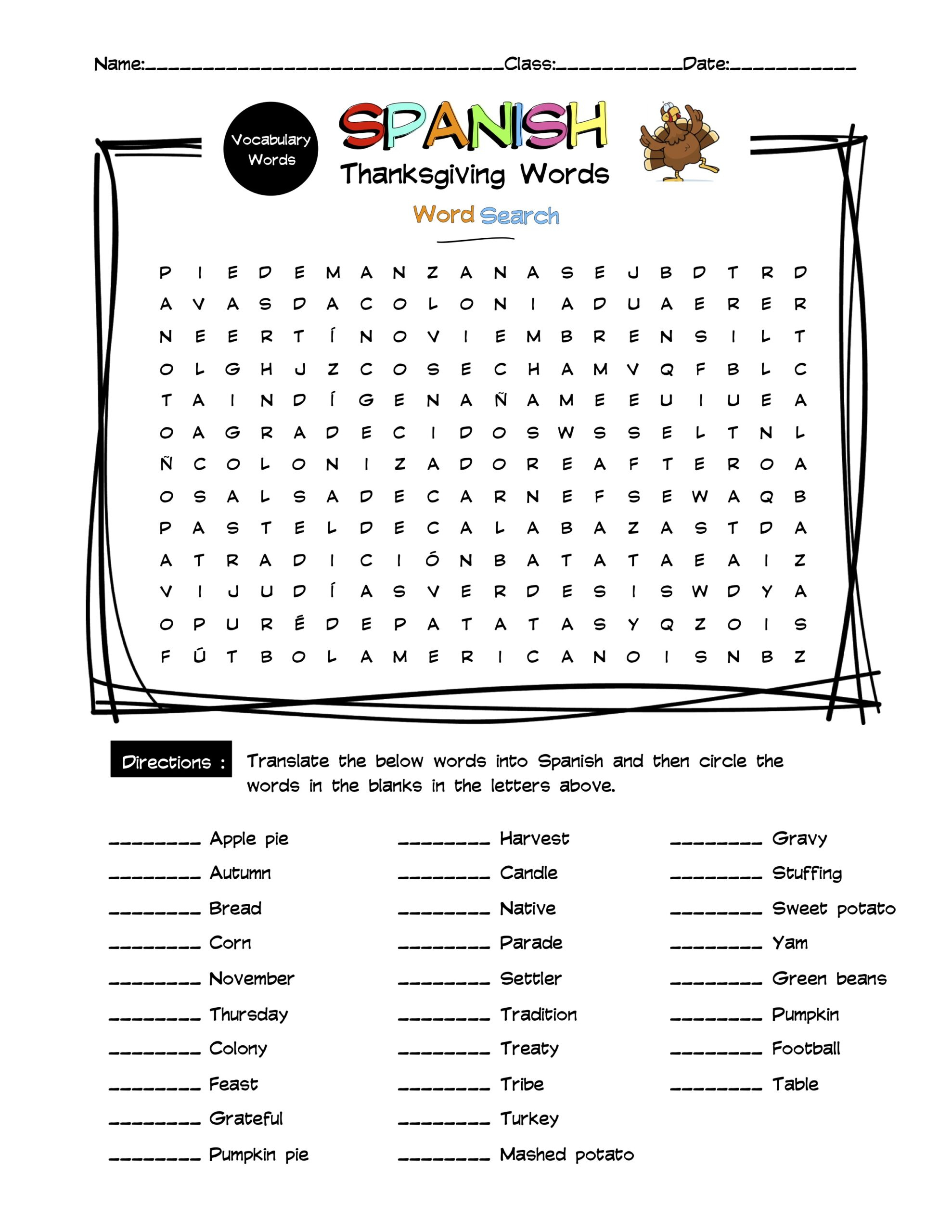 Spanish Thanksgiving Vocabulary Word Search &amp;amp; Answer Key | Made intended for Thanksgiving Spanish Worksheets