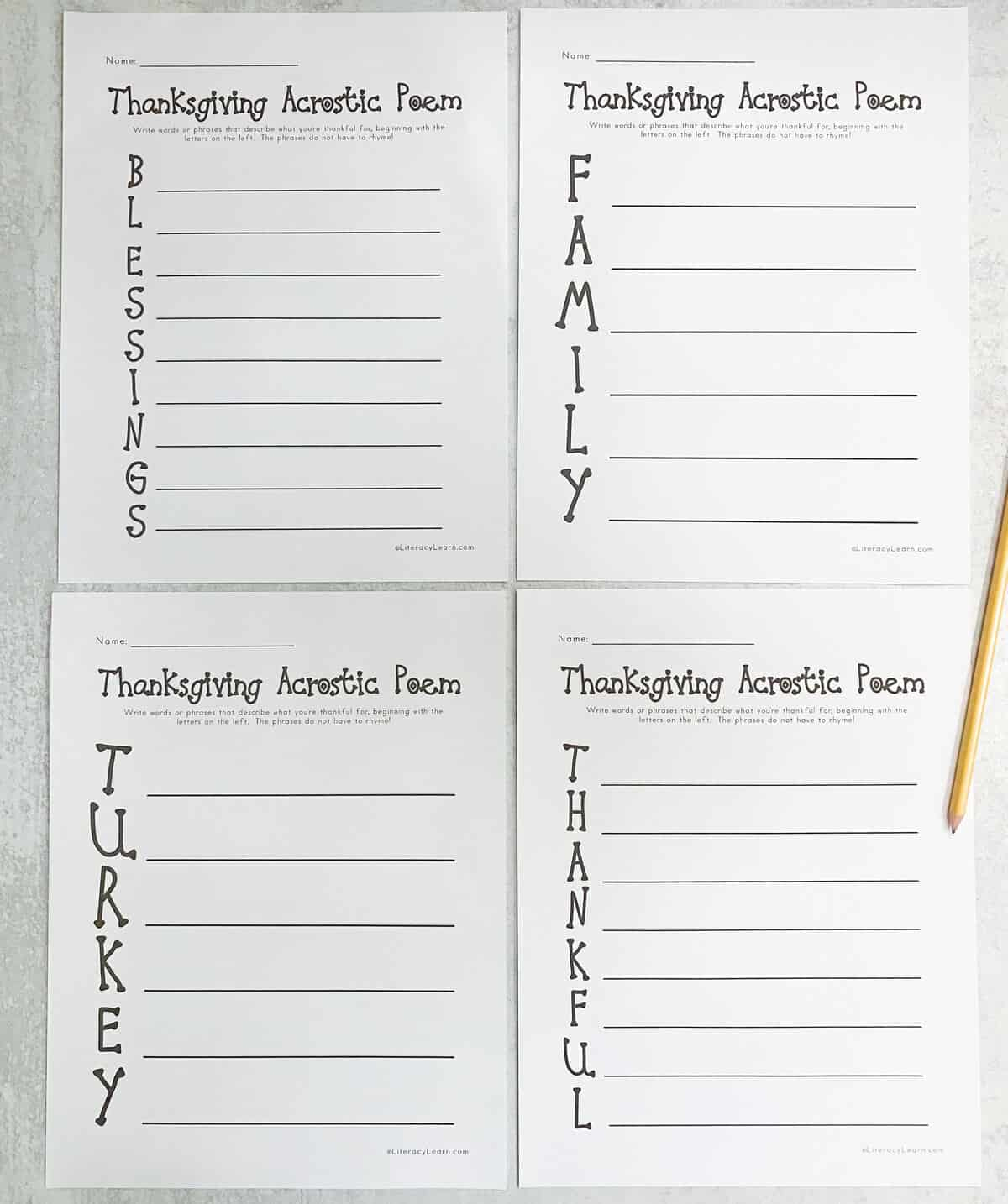 Thanksgiving Acrostic Poems - 4 Free Printables - Literacy Learn in Thanksgiving Poem Worksheet