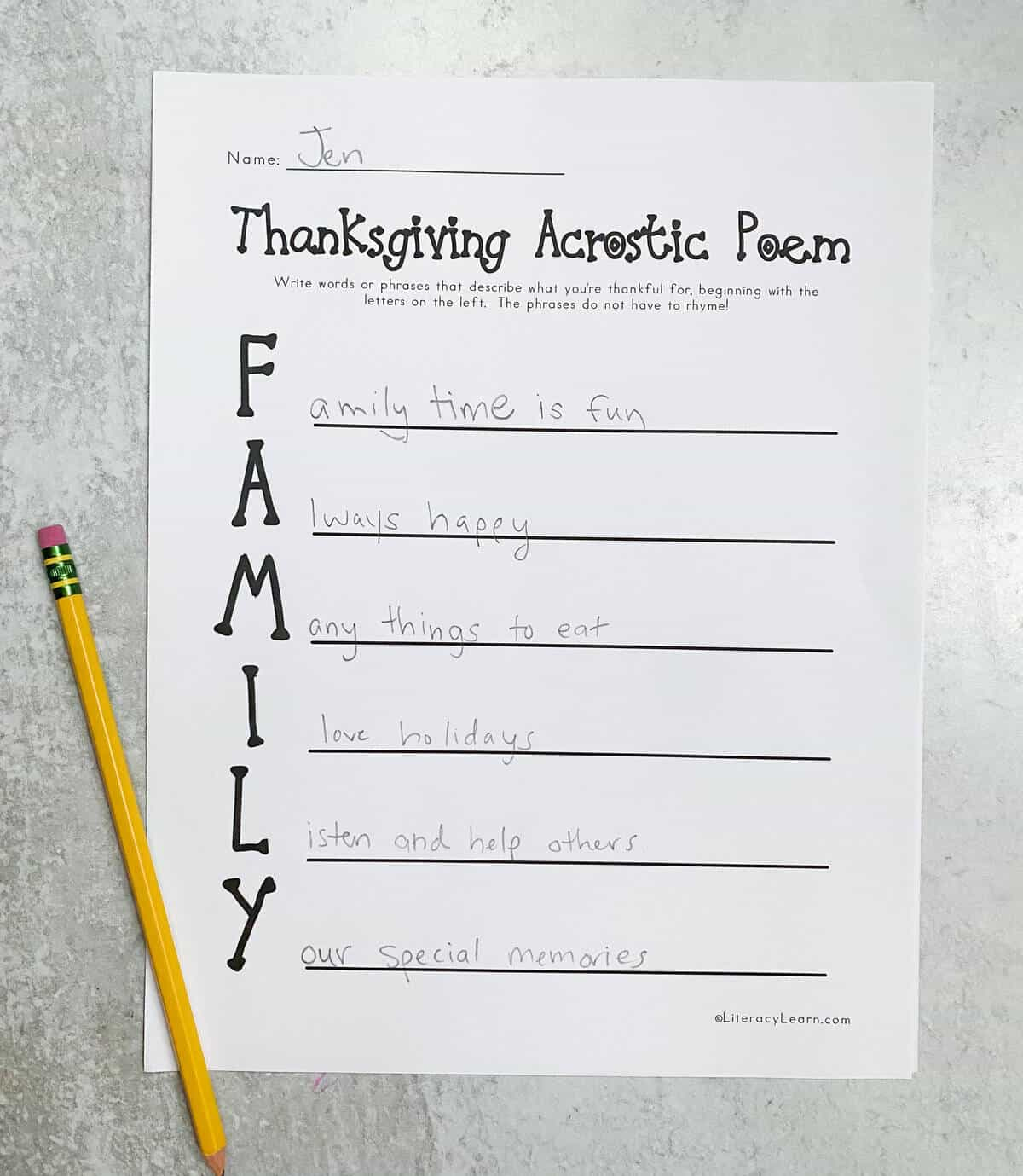 Thanksgiving Acrostic Poems - 4 Free Printables - Literacy Learn intended for Thanksgiving Acrostic Poem Worksheet