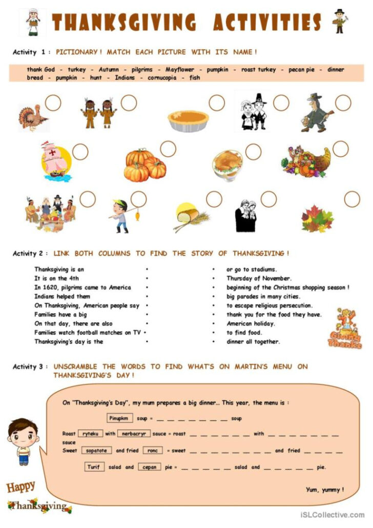 Thanksgiving Worksheets For ESL Students